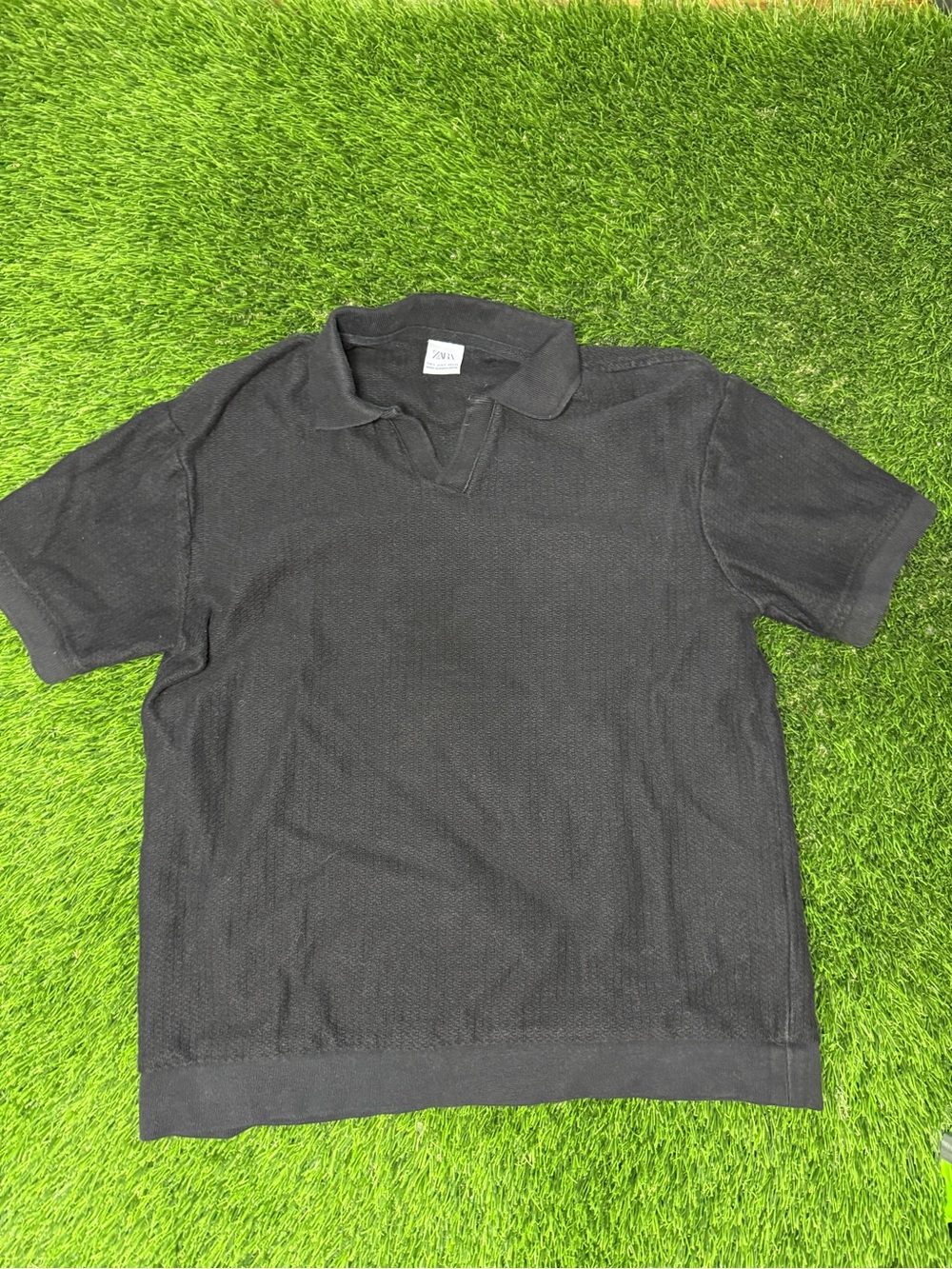 Zara Black Short-Sleeve Knit Polo Men Small